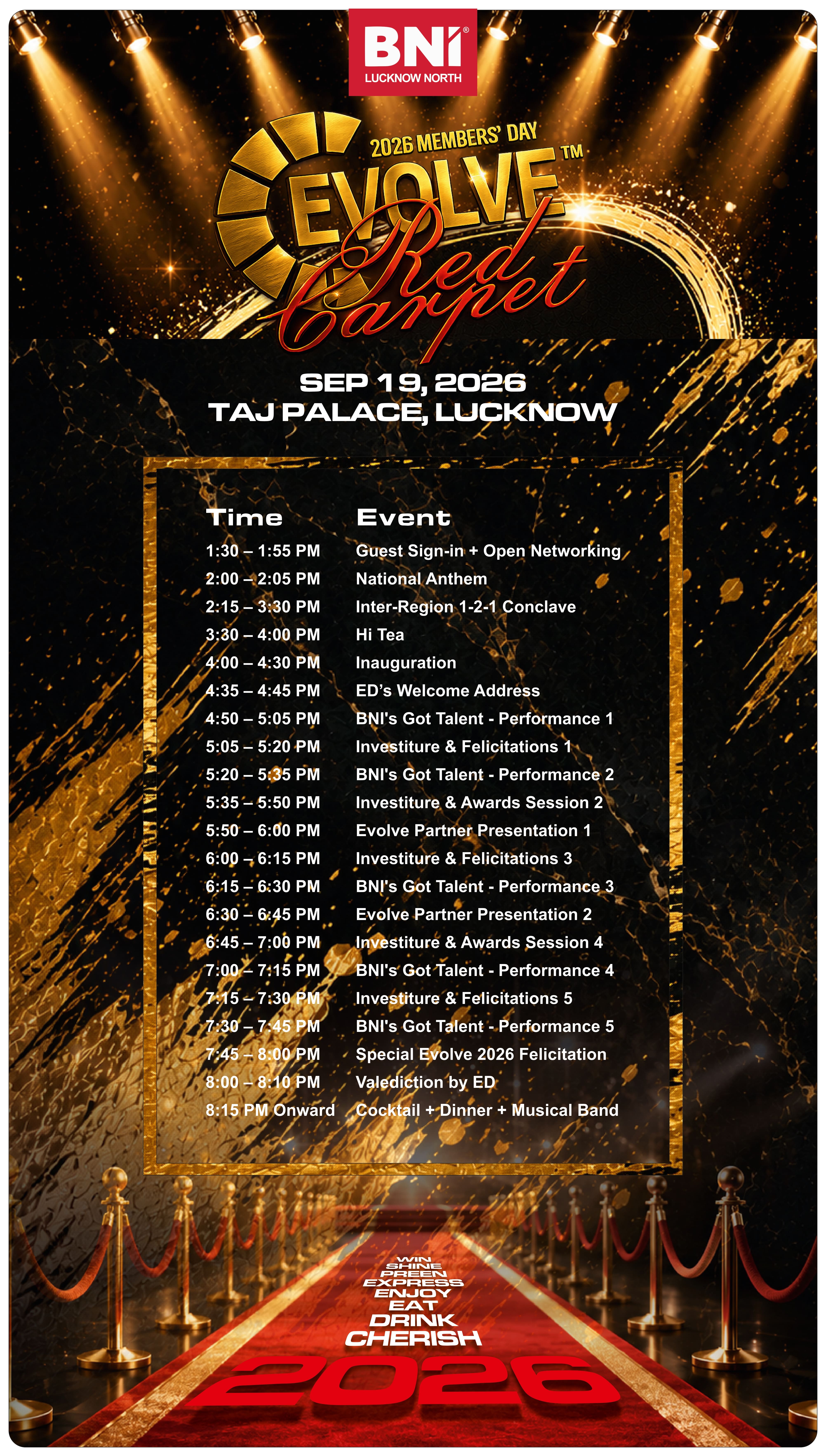 BNI Lucknow North Evolve Red Carpet 2026 event poster